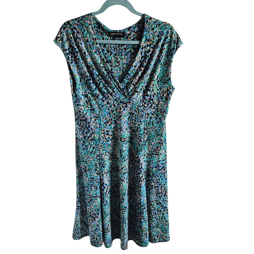 Jones New York Blue Green Abstract Dot Print V-Neck Cap Sleeve A-Line Dress 12